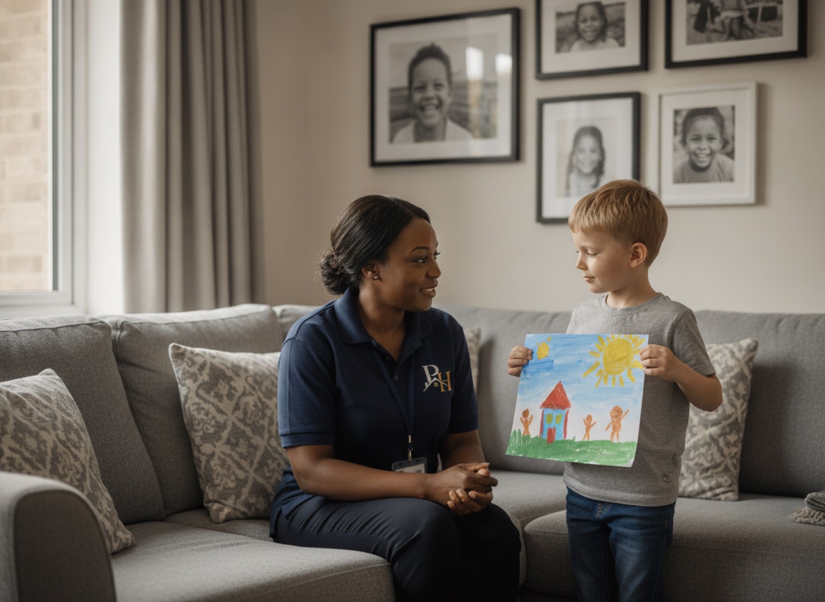 A child proudly sharing their artwork with a Pavillion Homes carer