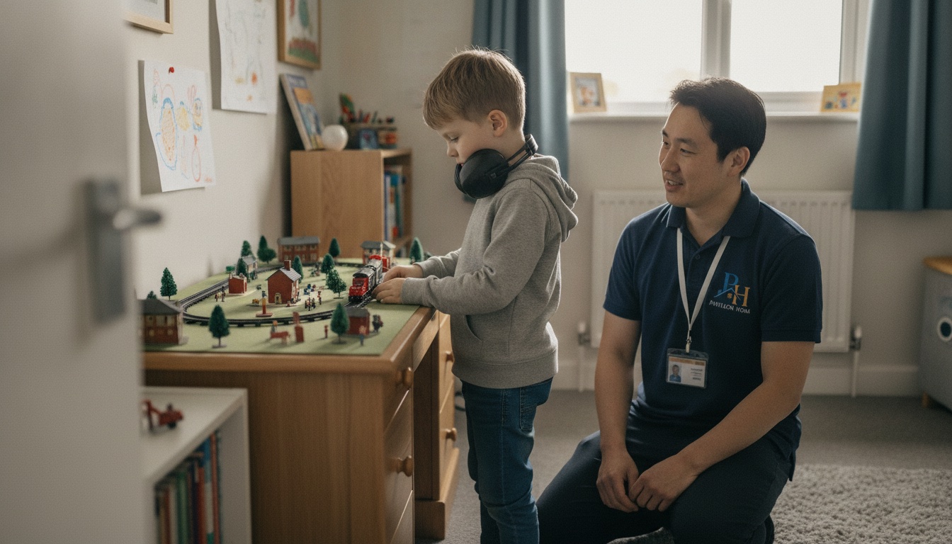 An autistic child enjoying a favourite interest in a calm space at The Pavillion Homes