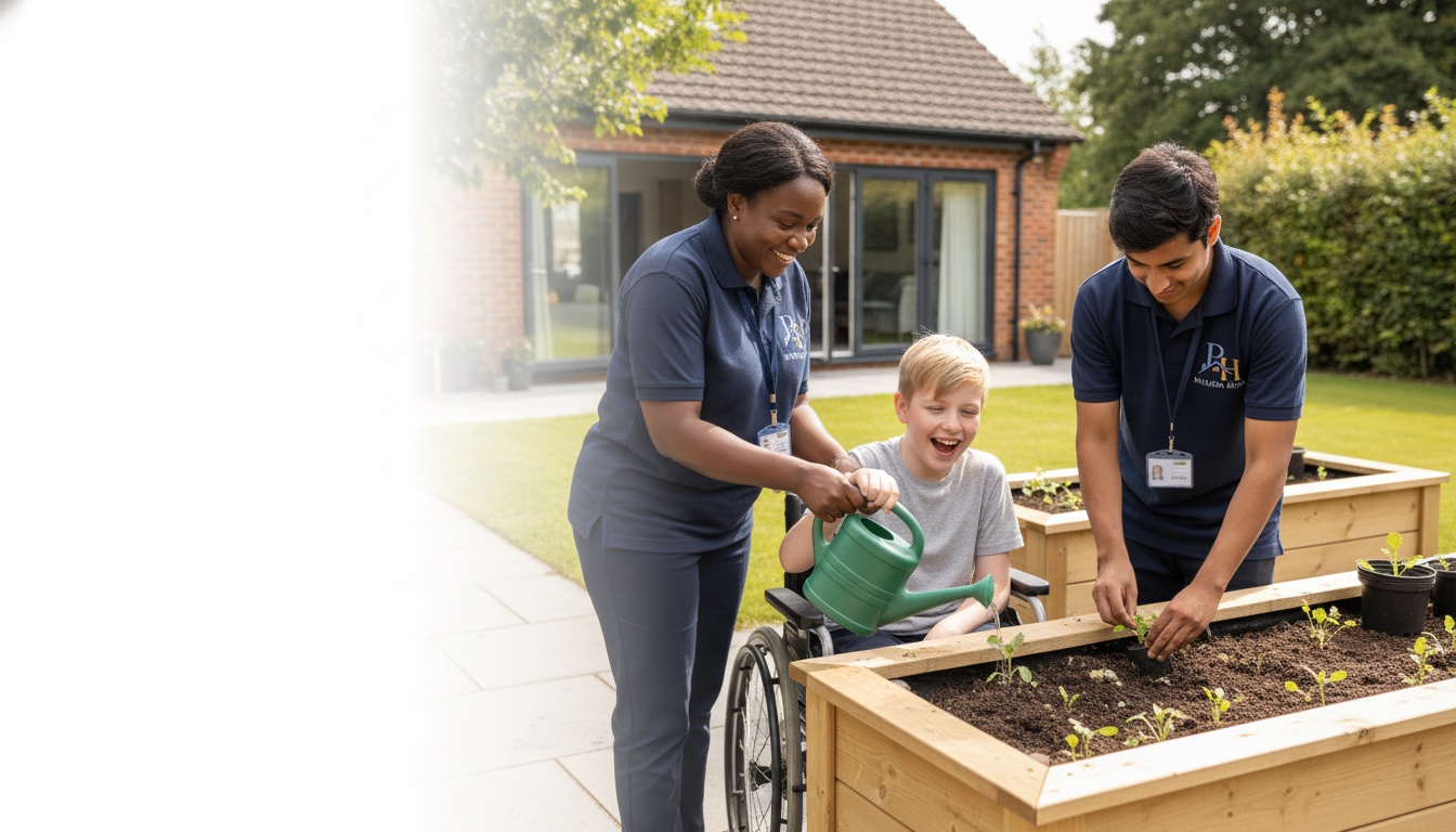 A child with complex needs enjoying the garden with Pavillion Homes carers