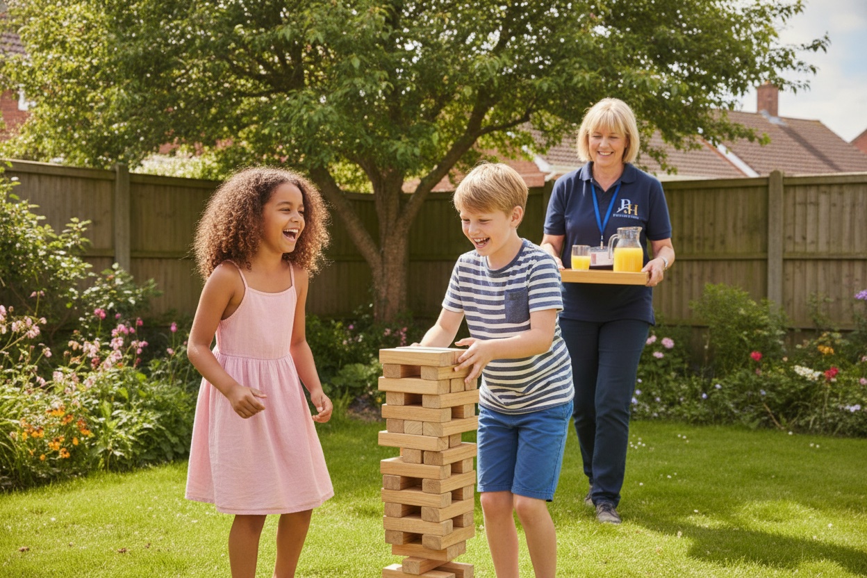 Children relaxing together in the garden at The Pavillion Homes